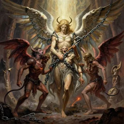 book of enoch, angels capture demons with huge chains and send them to hell, by greg rutkowski and oi and dan mumford and ellen jewett, trending on artstation