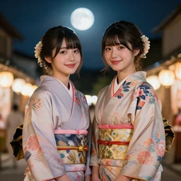 two beautiful charming japan girls wear arty kimono in festival | | sunny night, full moon, dreamlike art, realistic shaded, smile, good looking, hyper details, 4 k realistic, cryengine, realistic shaded lighting poster by ilya kuvshinov, fuji choko, ross tran, 8 k resolution, trending on artstation, luxury