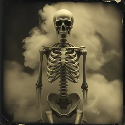 skeleton in dust, old vintage photography, damaged photo, daguerreotype, ambrotype, black and white, archive, film artifacts, scratches, tears, hyperrealistic, ultra detailed