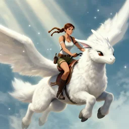 Lara Croft riding on epic looking white fuzzy Falkor, white sparkles sunlight beams, Greg Hildebrandt, Mark Keathley