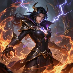 beautiful necromancer with fire and thunder magic, attarctive face, anime key visual, highly detailed, sharp focus, concept art, league of legends, style by shumolly and monable and artgerm and greg rutkowski and zeronis and pilyeon and ruan jia