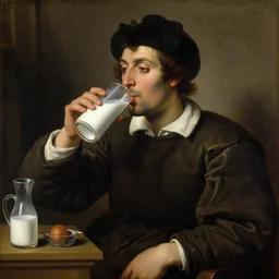 A renaissance oil painting of a man drinking milk