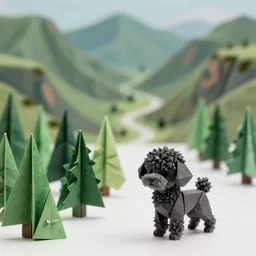 Taiwan mountainous valleys many trees origami; a videogame still of black grey hairless miniature toy poodle in Tekken 7, 40mm lens, shallow depth of field, split lighting