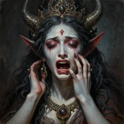 A cinematic crying closeup portrait of the majestic gothic Hindu demon goddess of sorrow, grief and despair, by HR Giger, by Wayne Barlowe, by Bruce Pennington, by Zdzisław Beksiński, by Paul Lehr, oil on canvas, masterpiece, trending on artstation, featured on pixiv, cinematic composition, astrophotography, dramatic pose, beautiful lighting, sharp, details, details, details, hyper-detailed, no frames, HD, HDR, 4K, 8K