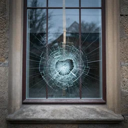 A glass window like a churches. Shattering onto the ground