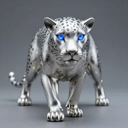 silver jaguar sculpture with glowing blue eyes