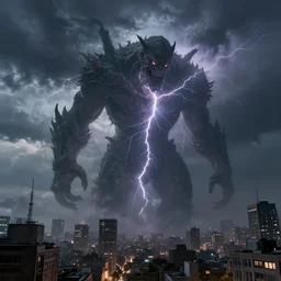 enormous creature towering over a city during a thunderstorm, concept art