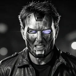 Tom cruise wearing partial broken superior ironman mask only in pain and anger deep dark backlit night technoir cinematic monochromatic portrait photo by Leica Zeiss in detailed depth of field lens flare trending on Flickr realistic hd by frank Miller