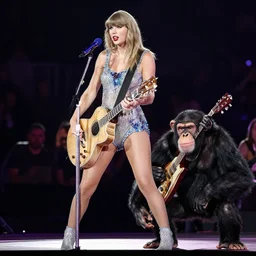 Taylor Swift performing on stage with a chimpanzee