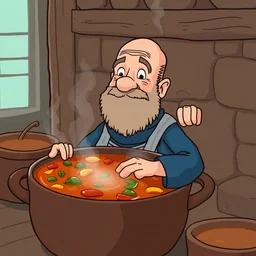 a cartoon of patrick stewart sitting inside a big pot of stew