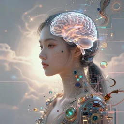 abstract expression, subconscious connects, dimensional consciousness, fantastical, ultra realistic asian girl glitch art, soft glows, intricate details, artifacts, luminous skies, transparent brain, highly detail
