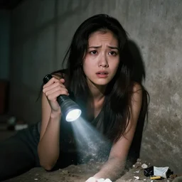 A young woman, long hair, fear, a flashlight in her right hand, dirty Concrete wall, dust, trash ; basement , night; 90's professional color photograph, close up, view from front.