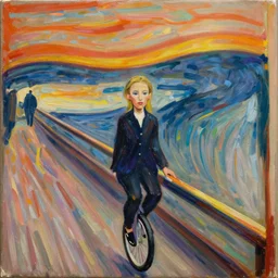 Erna Solberg riding a unicycle oil canvas paining by Edvard Munch