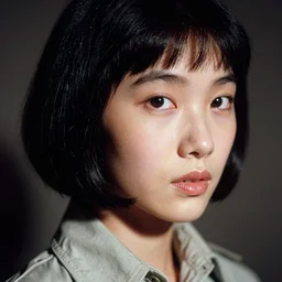 ektachrome, 3 5 mm, highly detailed : incredibly realistic, youthful asian demure, perfect features, feminine cut, beautiful three point perspective extreme closeup 3 / 4 portrait photo in chiaroscuro style 1 9 7 0 s frontiers in flight greeble suit cosplay vogue fashion edition, nick night