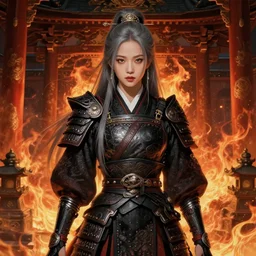portrait jisoo blackpink, grey hair armored samurai clothes, inside fire japanese temple, ssci - fi and fantasy, intricate and very very beautiful and elegant, highly detailed, digital painting, artstation, concept art, smooth and sharp focus, illustration, art by tian zi and wlop and alphonse mucha