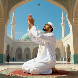 bedouin in white abaya with his hands raised towards the sky praying, he is in a mosque, concept art, intricate details, vibrant colors by anato finnstark