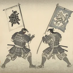 two samurai battle each other with different banner, one with tortoise banner, one with wolf banner, wood block painting style, outline style, hand drawn style, hokusai style, circa 1 5 0 0 s, history, legendary battle, epic battle, breath taking, piece of history, museum collection, scretch, dust, grain, noise, on wood