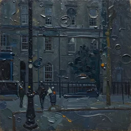 palette knife painting of a close up of a three - dimensional thick impasto oil painting of a dark cold london scene, seen through complex globular texture, lots of thick encrusted paint, vast amounts of wax - like lines of dripping oil paint cover nearly everything, painted by john bauer, signac and frank auerbach, background thick encrusted paint