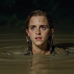 film still, close up, emma watson rising out of muddy vietnam river, ( ( face covered in mud ) ), low camera angle at water level, night time, film still from apocalypse now ( 1 9 7 9 ), cinestill colour, anamorphic, 2 6 mm
