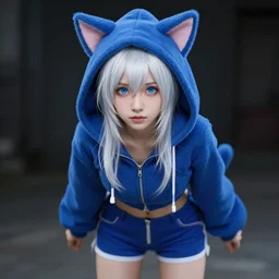 hyper - realistic + photorealistic render with very extreme intricate details, of a girl!!! wearing a blue cat - ears hoodie and blue shorts, blue eyes and white hair, in the style of final + fantasy 1 5, digital game - art by ross tran, movie composition by sana takeda, dramatic cinematic lighting by greg rutkowski