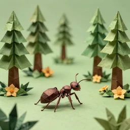 a ant view of a forest with flowers in the size of trees, in the style of origami, 8 k, cinematic light, artstation