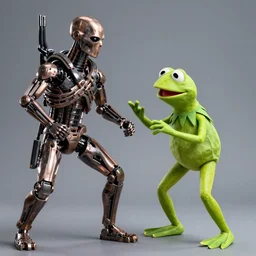 The Terminator fighting against Kermit the frog, full-length image, medium focale, style film
