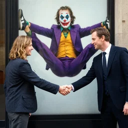 Americans and Germans shaking hands beside a large poster of Ewan McGregor doing the splits in clown makeup