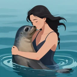 a woman just risen from the sea and a seal is embracing her, hd, artstation trending