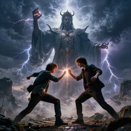 a very weak nerd person destroys a God, godrays, epic fights, dramatic poses and scenery, Two people fighting each other, thunderstorm, rtx on, cinematic, movies you do not want to miss, a powerful being losing to a weakling, amazing effects, 4k UHD, Award winning photograph, extremely highly detailed majestic hi-res beautiful, stunning visuals