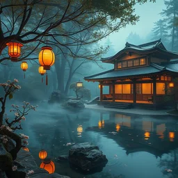 painting of private magical empty onsen next to japanese architecture inn with floating lanterns and flowers by greg rutkowski craig mullins ross tran mucha cozy hot springs bonsai zen garden steamy flowers japanese motifs lumen reflections concept art clear focus fantasy specular lighting global illumination trending on artstation