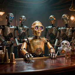 scene from a movie about a robot bartender, chappie, c 3 p 0, dark dingy bar, cinematic, big budget movie, smoky atmosphere, multiple robots look ominously at the viewer, by fantasy artist tiago da silva ( grafik )