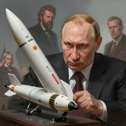 very old and angry vladimir putin, very detailed, threating by a model of a cruise missile. artwork by artgerm, wide angle, fantasy, highly detailed, digital painting, artstation, smooth, sharp focus, art by thomas kinkade and h. r. giger and tyler edlin