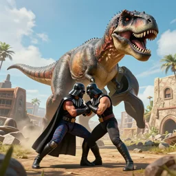 Darth wrestling a T-rex in front of his home, 8k