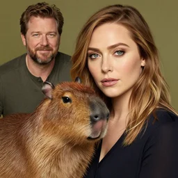 a highly detailed beautiful portrait of elizabeth olsen with a capybara, by gregory manchess, james gurney, james jean