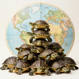 a stack of turtles beneath a round disc map, turtle pile