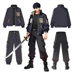 a male anime cyberpunk hero protagonist who wields two swords, wearing a heavy jacket, casual outfit with color blocking, character concept exploration, outfit designs, trending on artstation