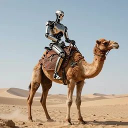 t 8 0 0 terminator riding a robot camel, 4 k, hyperdetailed photorealism