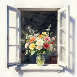 a bouquet of flowers on the open window. watercolor