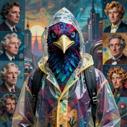 realistic detailed portrait movie shot of a birdman wearing glossy sheer raincoat, sci fi city landscape background by denis villeneuve, amano, yves tanguy, alphonse mucha, ernst haeckel, max ernst, roger dean, masterpiece, rich moody colours, dog teeth, blue eyes