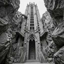 colossal gothic dystopian sci-fi skyscraper apartment carved inside gray granite canyon, sapphire gothic stairs carved into the canyon, gothic stairs in front of the buliding and around it, many gothic people climbing up and down stairs, gothic medieval palace castle ornaments, isometric