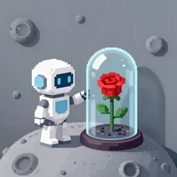 3 d perspective scene of wall - e robot on the surface of the moon touching a glass dome with a red rose growing inside that glass dome. low resolution pixelart