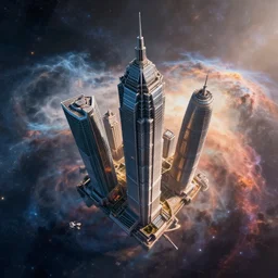 flying skyscrapers cruising through a nebula, cinematic, 4K, hyperrealism,