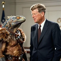 vintage photo of president kennedy meeting with an argonian lizard warrior in skryim