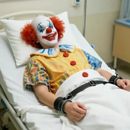 crazy clown in hospital bed with wrist restraints on, restraints have fabric straps attached to hospital bed, photograph, 8 k