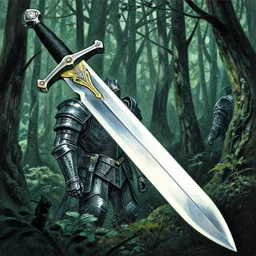 grainy risograph, gouache matte painting, huge floating sword, close - up, lot of layers armour, in the dense forest, highly detailed, artstation, intricate - detailed, by moebius, jack gaughan, lehr paul, sci - fi 1 9 8 0