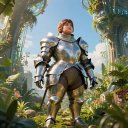 a very short and chubby plump bodied female knight in a hi-tech botanical world with blue skies | style of donato giancola, vincent callebaut, dramatic light | high detail | cinematic lighting | pristine metals, glass, plants | solarpunk | golden hour | volumetric lighting | concept art |