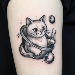 stick and poke tattoo of a cat in space detailed, line work, black and white