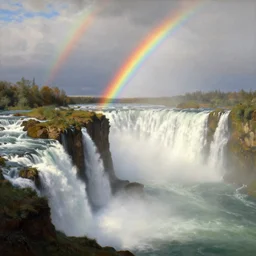 waterfalls, wilderness, open sky, rainbow, painting by albert bierstadt