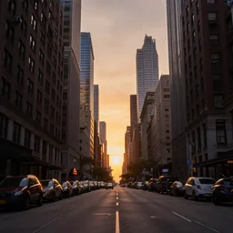 award - winning photography, photograph of sunset, golden hour, shot down a street in downtown manhattan, perspective, leading lines, composition, hdri, canon, color graded