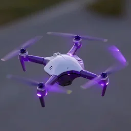 a photo of a futuristic drone toy flying with purple light